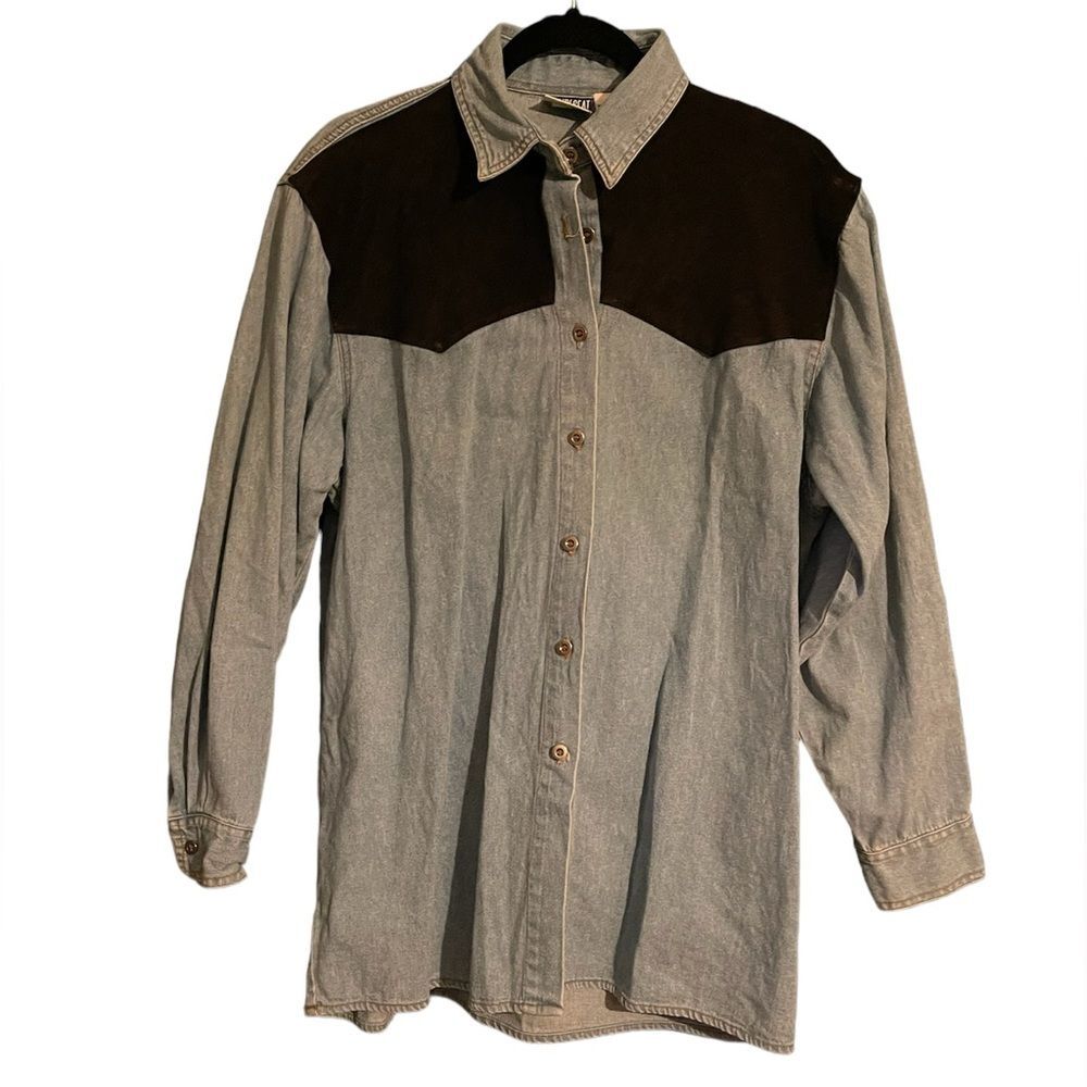 Vintage Women’s Cowgirl Western Denim Shirt w suede Button Down  sz Large